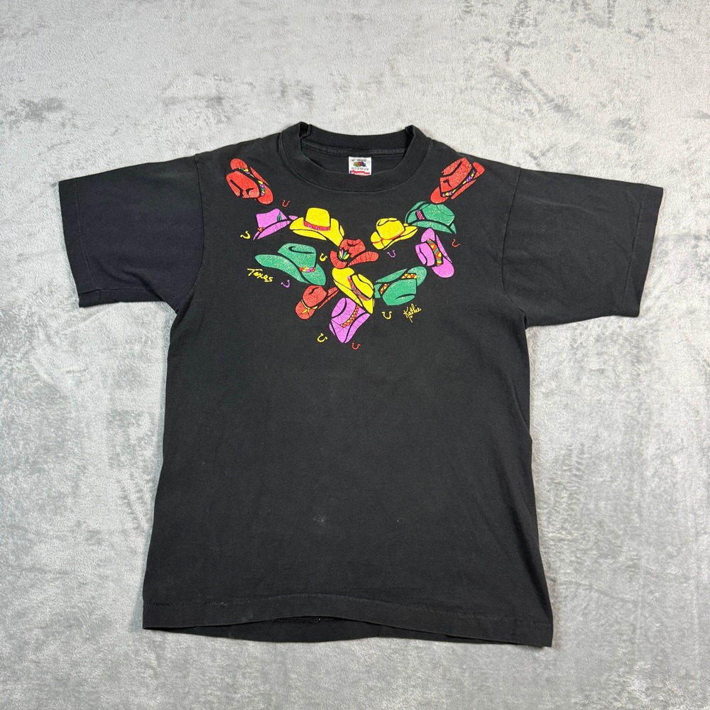 Vintage Fruit of the Loom Mens M T-Shirt Black 90s Texas Cowboy Hats Neon Print